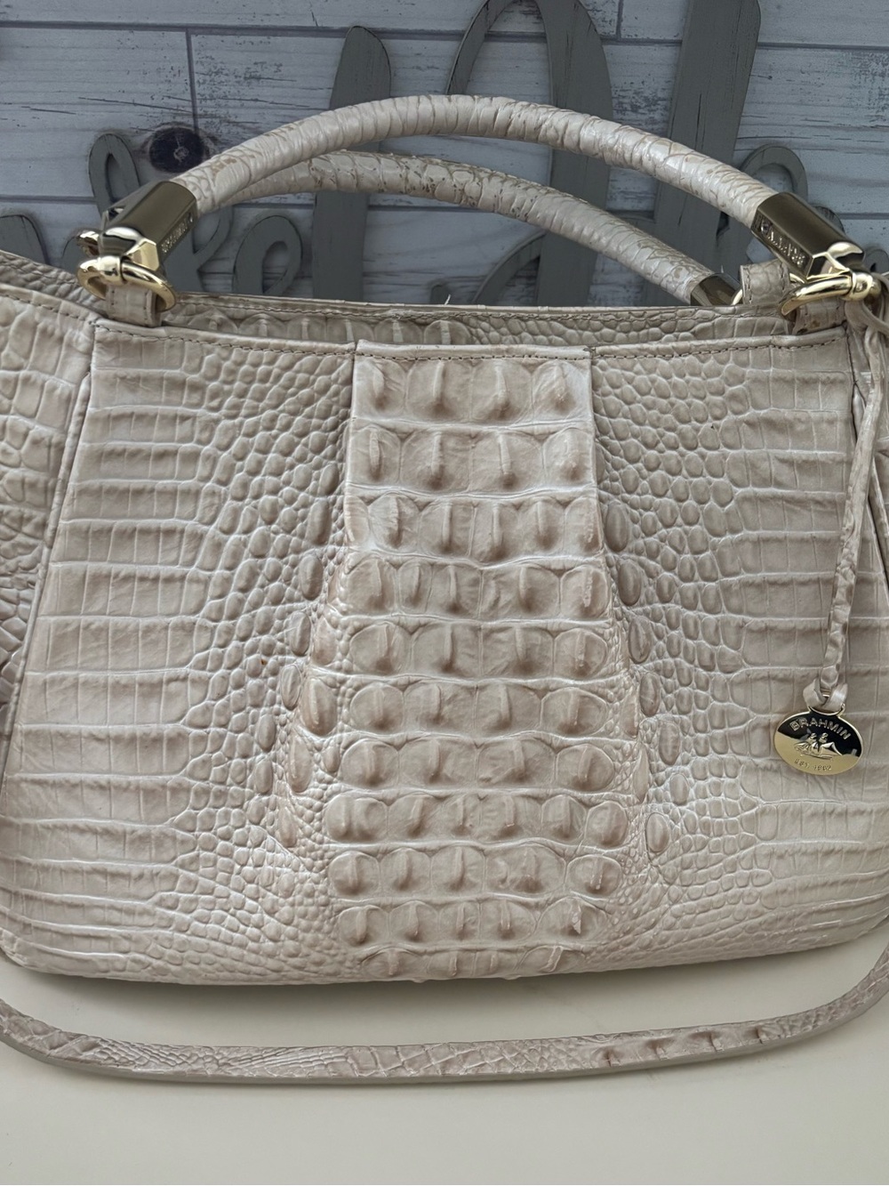 Brahmin Ivory Croc-Embossed Leather Shoulder Bag with Gold Hardware